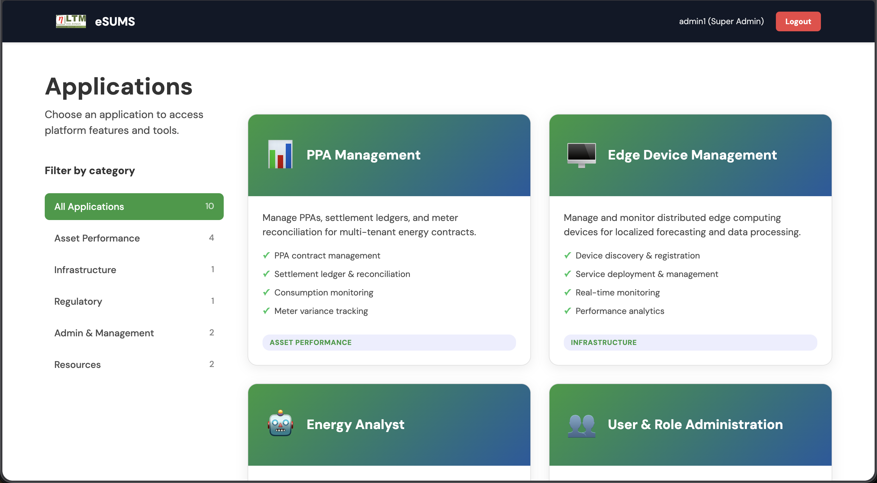 eSUMS platform applications dashboard
