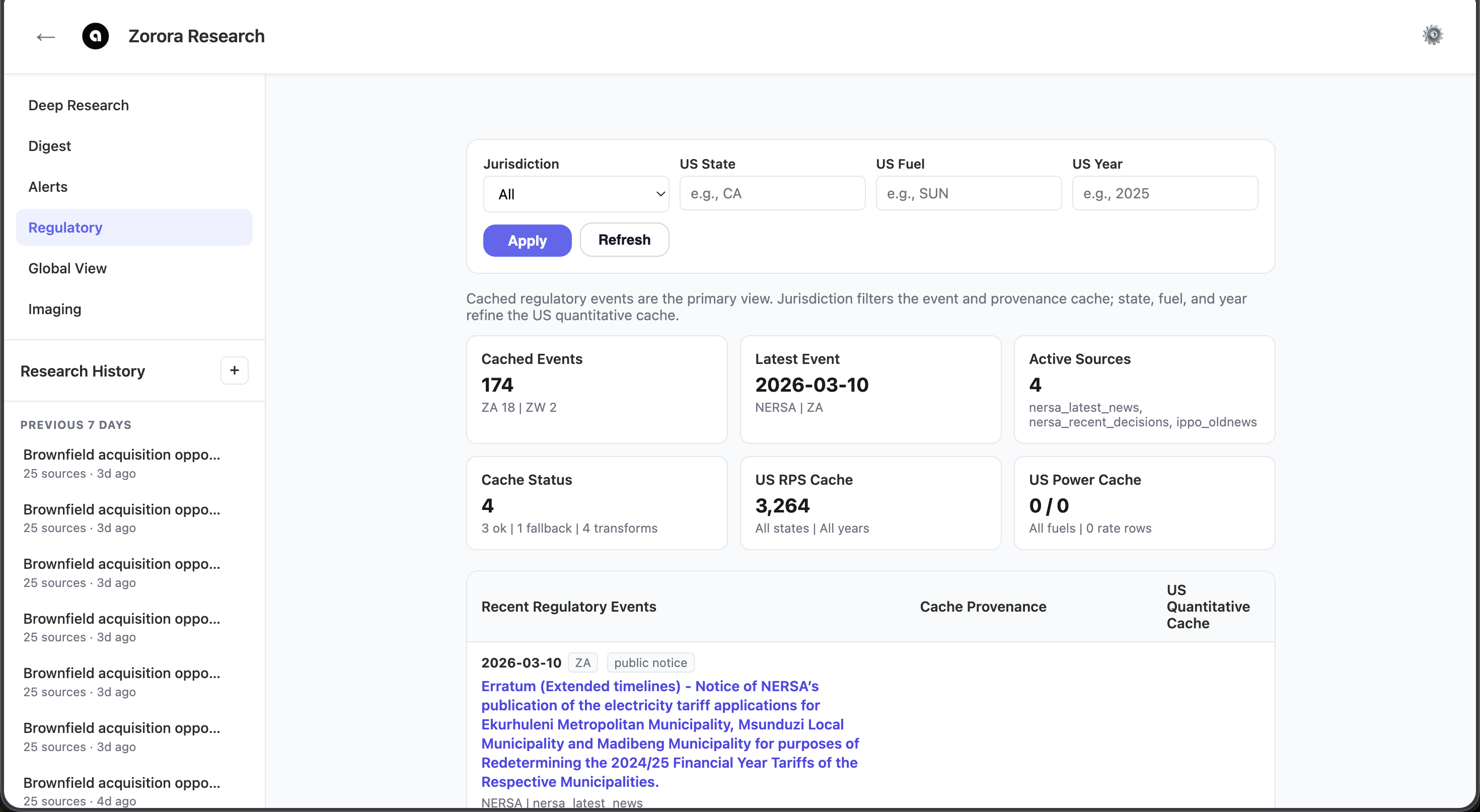 Zorora regulatory view showing NERSA tariff notice, jurisdiction filters, and cached event statistics